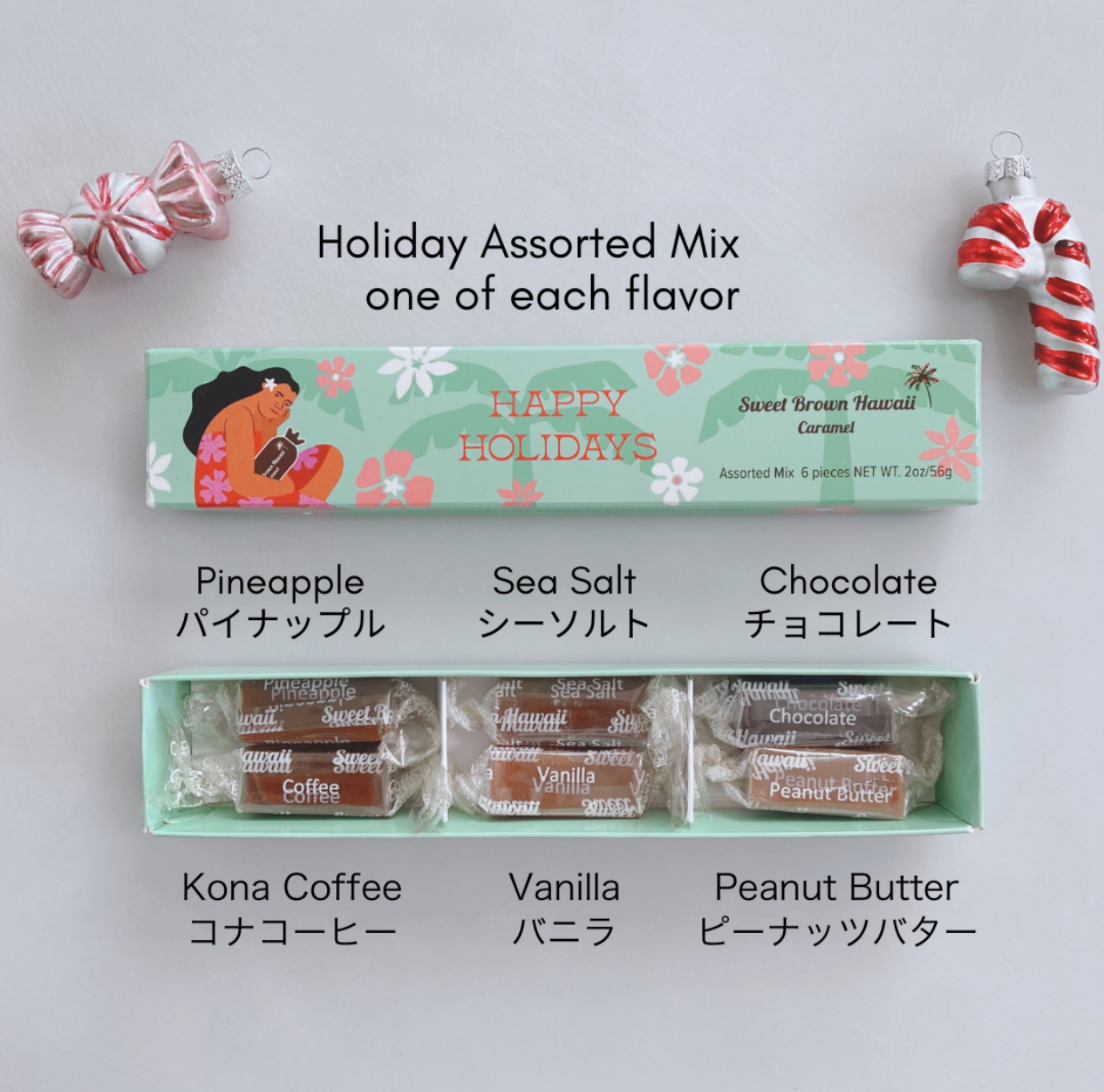 Holiday design box with 6 pieces of caramel